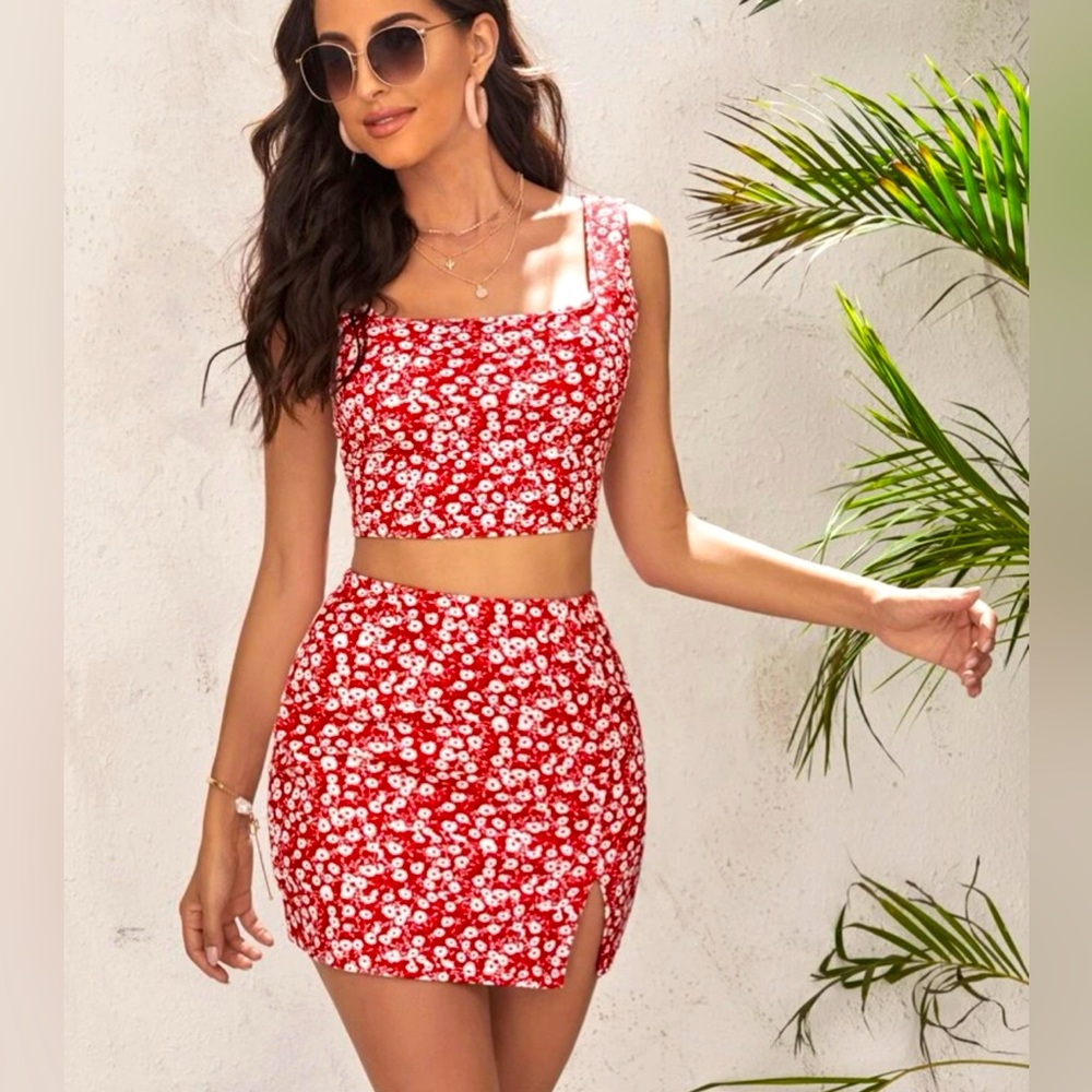 Red Floral SHEIN Summer Two-piece